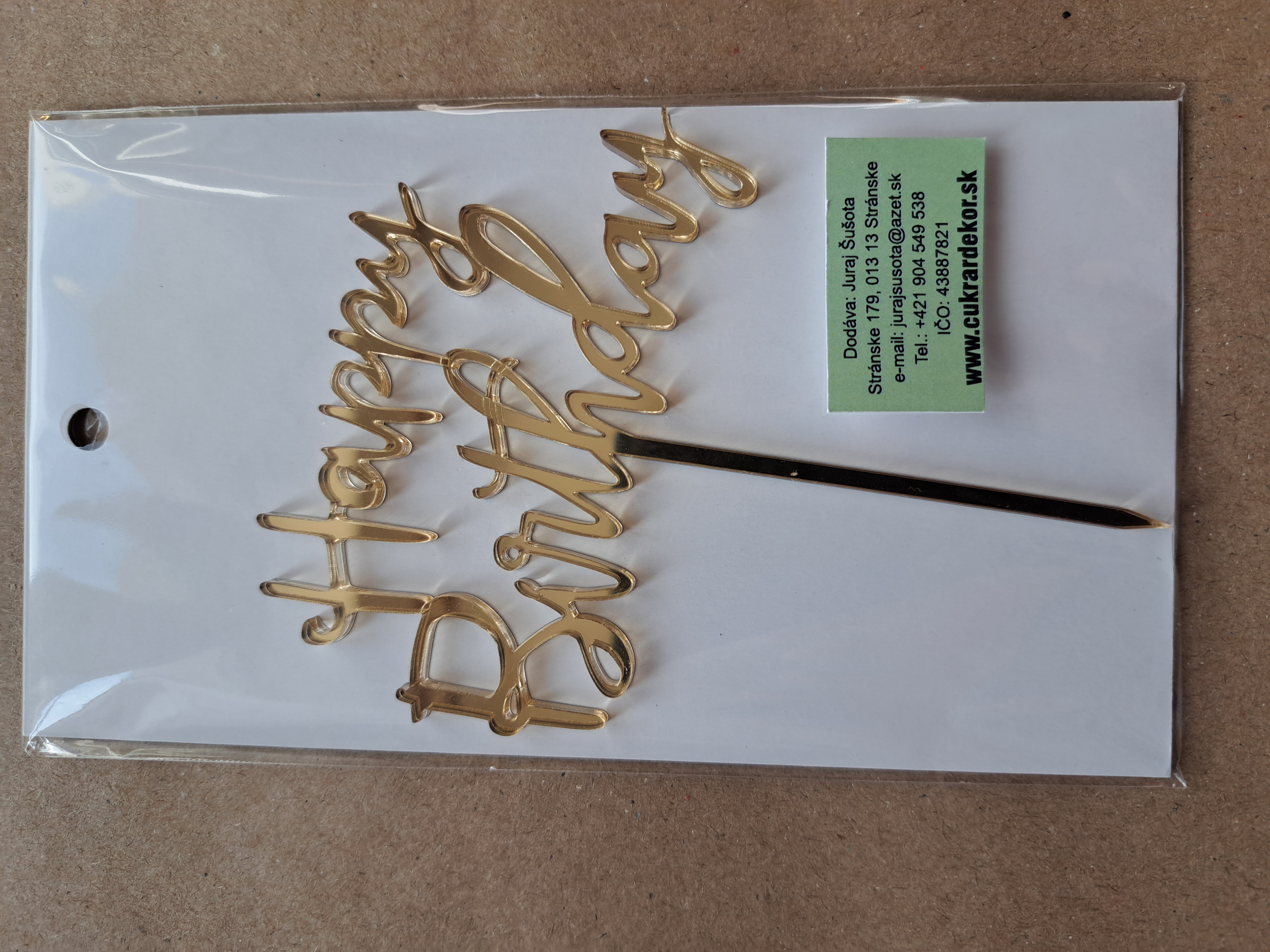 Zápich akrylový zlatý Happy Birthday 8x6 cm