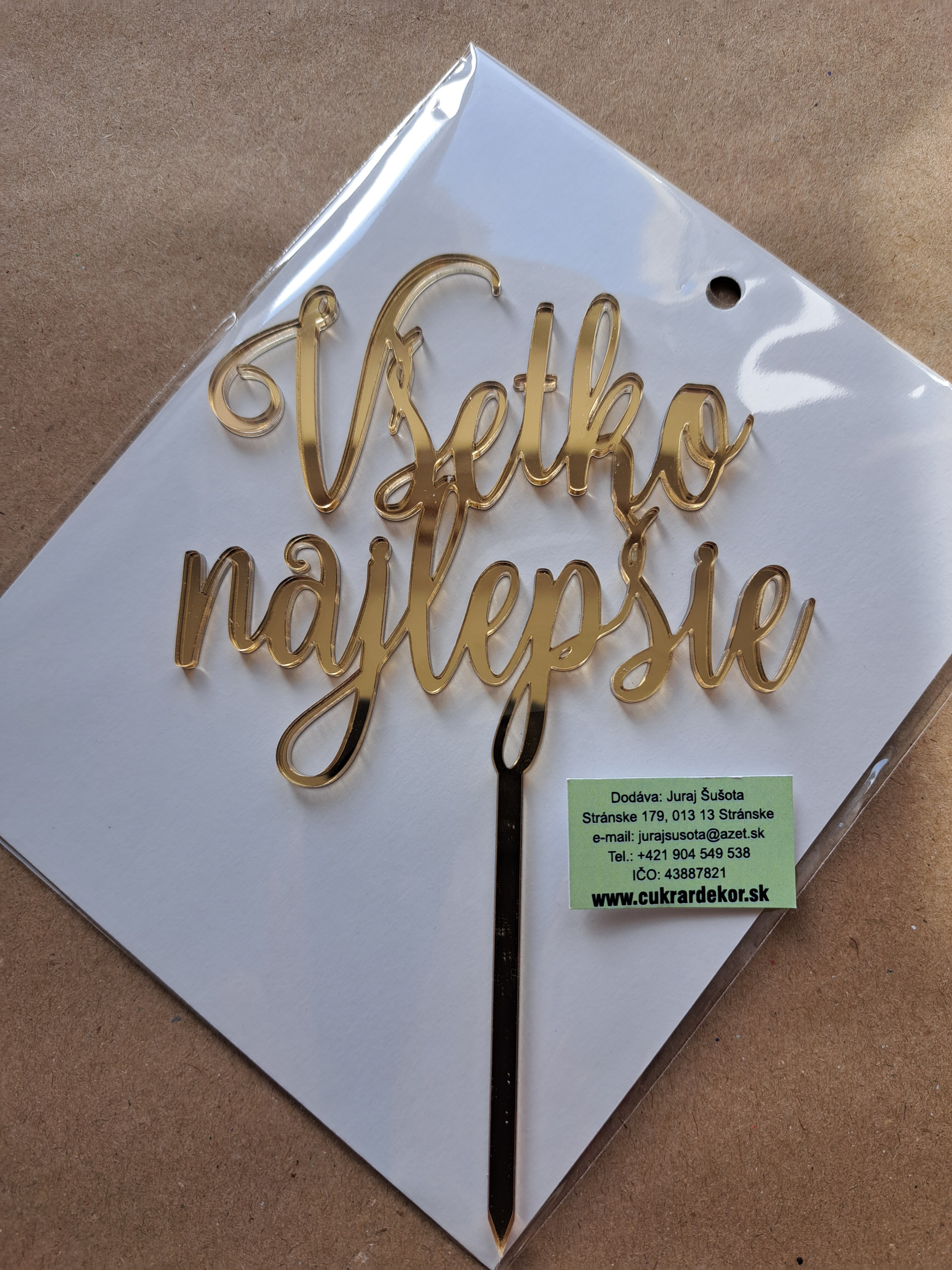 Zápich akrylový zlatý Všetko najlepšie 10x8,5 cm