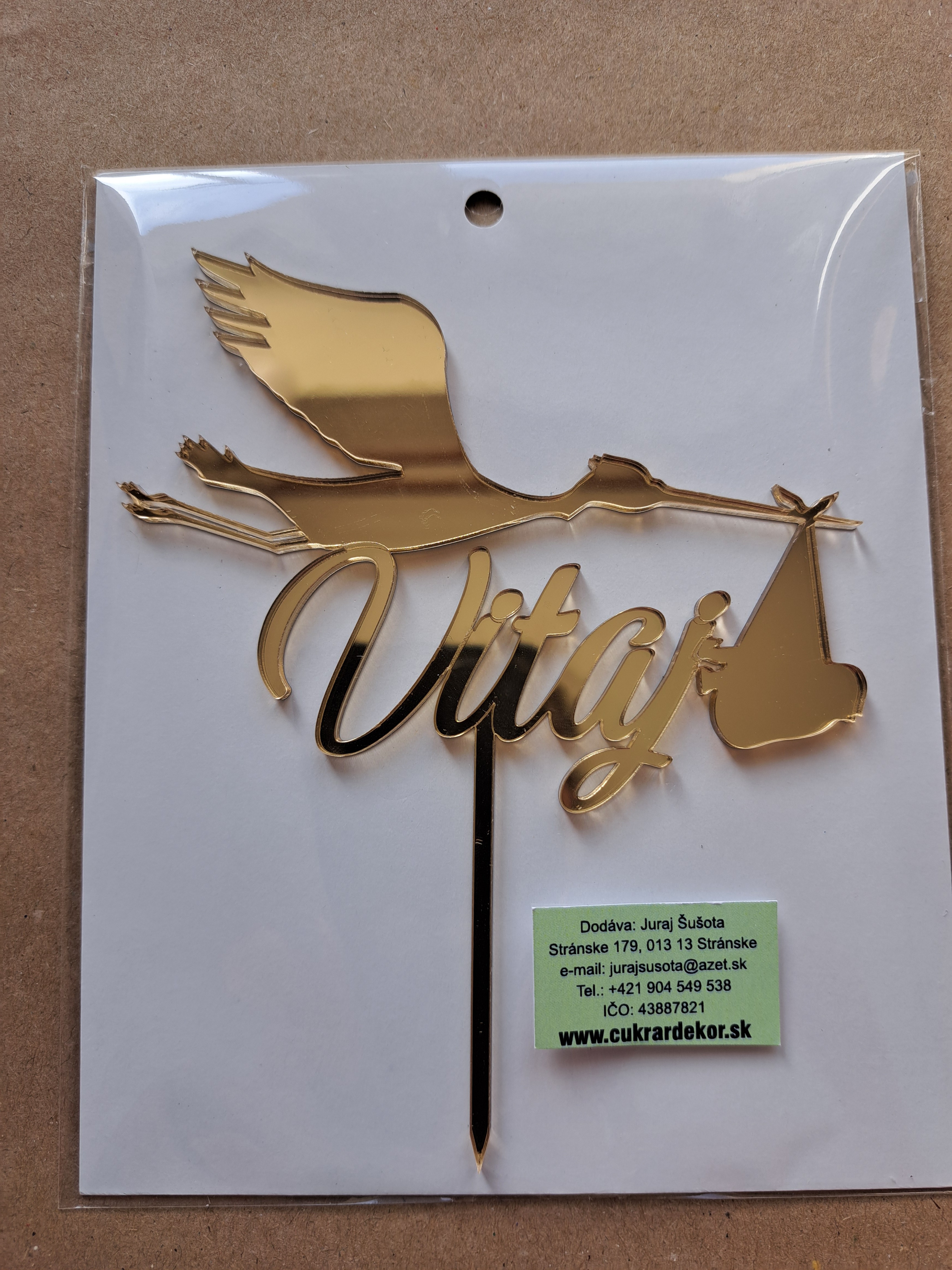 Zápich akrylový zlatý Vitaj s bocianom 11x8,5 cm