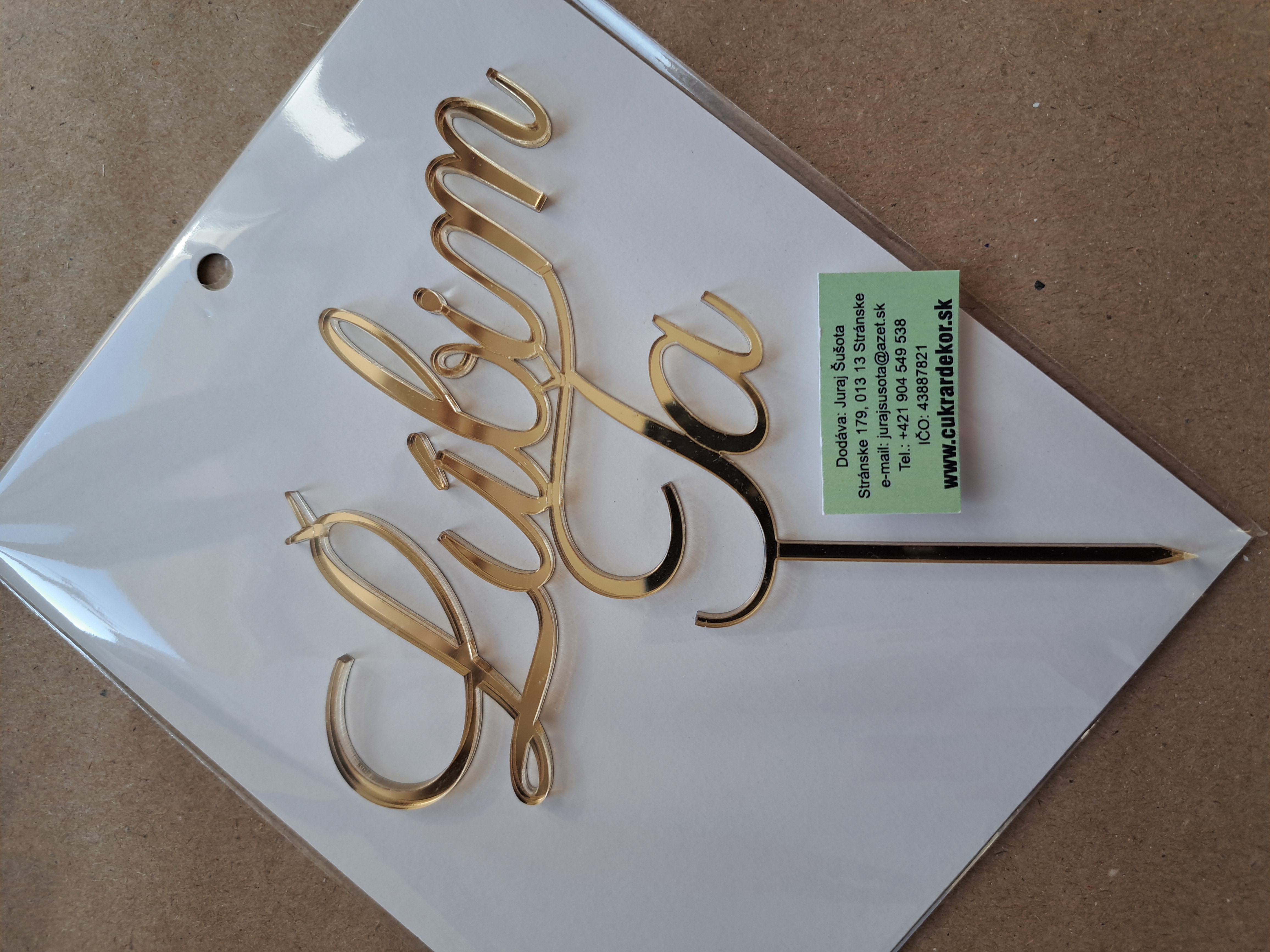 Zápich akrylový zlatý Ľúbim Ťa 11x7,5 cm